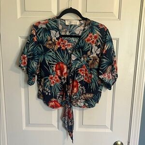 Vintage Havana Tropical Tie-Front Crop Top - Navy, Red & Green